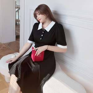 Robe trapèze grande taille Runqi N8426 avec col Peter Pan, color block, décontractée, noire, pour femme - Product Image 5