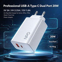 Pengisi Daya Dinding USB-A Tipe C Dual Port 20W 5V 3A 9V 2.25A 12V 1.8A Colokan EU untuk Pengisian Daya Kamera, Speaker, dan Ponsel (Pesanan Grosir)