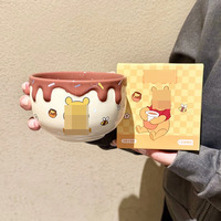 Bol et assiette en céramique 3D en relief Winnie l'ourson fraise, résistant au micro-ondes, vaisselle mignonne pour la maison, coffret cadeau