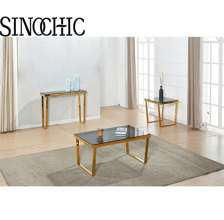 Manufacturer cheap wholesale high quality living room furniture golden or rose golden metal legs glass top coffee table