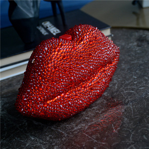 Bolso de Mano de Lujo para Mujer, Diseño de Labios Rojos, con Cadena, Correa Cruzada, Satinado, Brillante, con Cristales de Imitación, para Fiestas Nocturnas, Bodas - Product Image 2