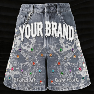 Nuevos Shorts Vaqueros Retro Estilo Americano, Corte Holgado, Cintura Media, con Pedrería, Estampado de Grafiti, para Hombre - Product Image 3