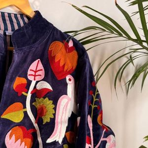 Hand Embroidered Velvet Quilted Bomber <b>Jacket</b> Women's <b>Mandarin</b> <b>Collar</b> Floral Pattern Full Sleeve Autumn/Cotton Zipper Closure - Product Image 3