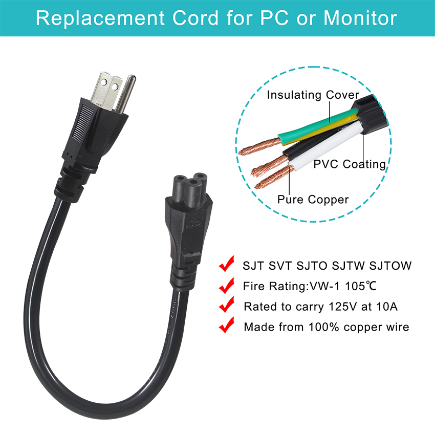 Cavo di alimentazione con spina americana 3 pin Prong C5