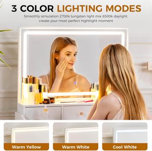 Coiffeuse blanche nacrée avec miroir LED et 5 tiroirs, table de maquillage avec station de charge, 3 modes de couleur - Product Image 6