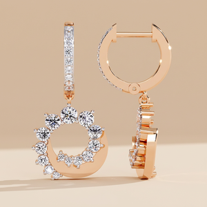 Pendientes colgantes tipo huggie con halo graduado – Pendientes de oro rosa macizo de 10K, 14K, 18K con diamantes de laboratorio CVD en forma de espiral circular - Product Image 1