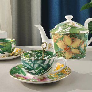 Services à café et à thé en porcelaine fine, accessoires de cuisine, tasses à café vintage avec bordure dorée et plateau de service - Product Image 4