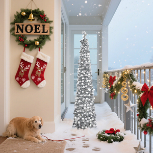 ต้นคริสต์มาสสีเงินสุดหรูพร้อมเครื่องประดับแผ่นดิสก์เงางาม เหมาะสำหรับตกแต่งในช่วงเทศกาลและงานเฉลิมฉลอง - Product Image 5