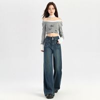 Jean large taille haute bleu foncé pour femme, style décontracté, polyvalent, avec poches et boucle à deux broches, en denim, vente en gros