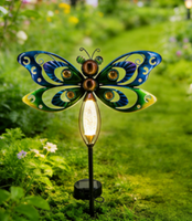 Lampe de colonne extérieure décorative bleue imperméable en métal, motif fleur, libellule, papillon, faite à la main, pour jardin, terrasse, allée