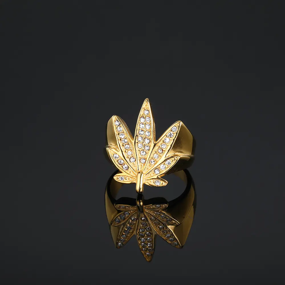 Yiwu DAICY all'ingrosso diamante Hip Hop fascino gioielli tendenza di foglia in acciaio inox a buon mercato placcato oro anello per gli uomini