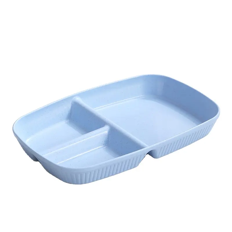 직사각형 3 그리드 플라스틱 식사 접시 밀 밀짚 지방 감소 디너 트레이 가정용 주방 식품 접시 심화 두꺼운 디자인