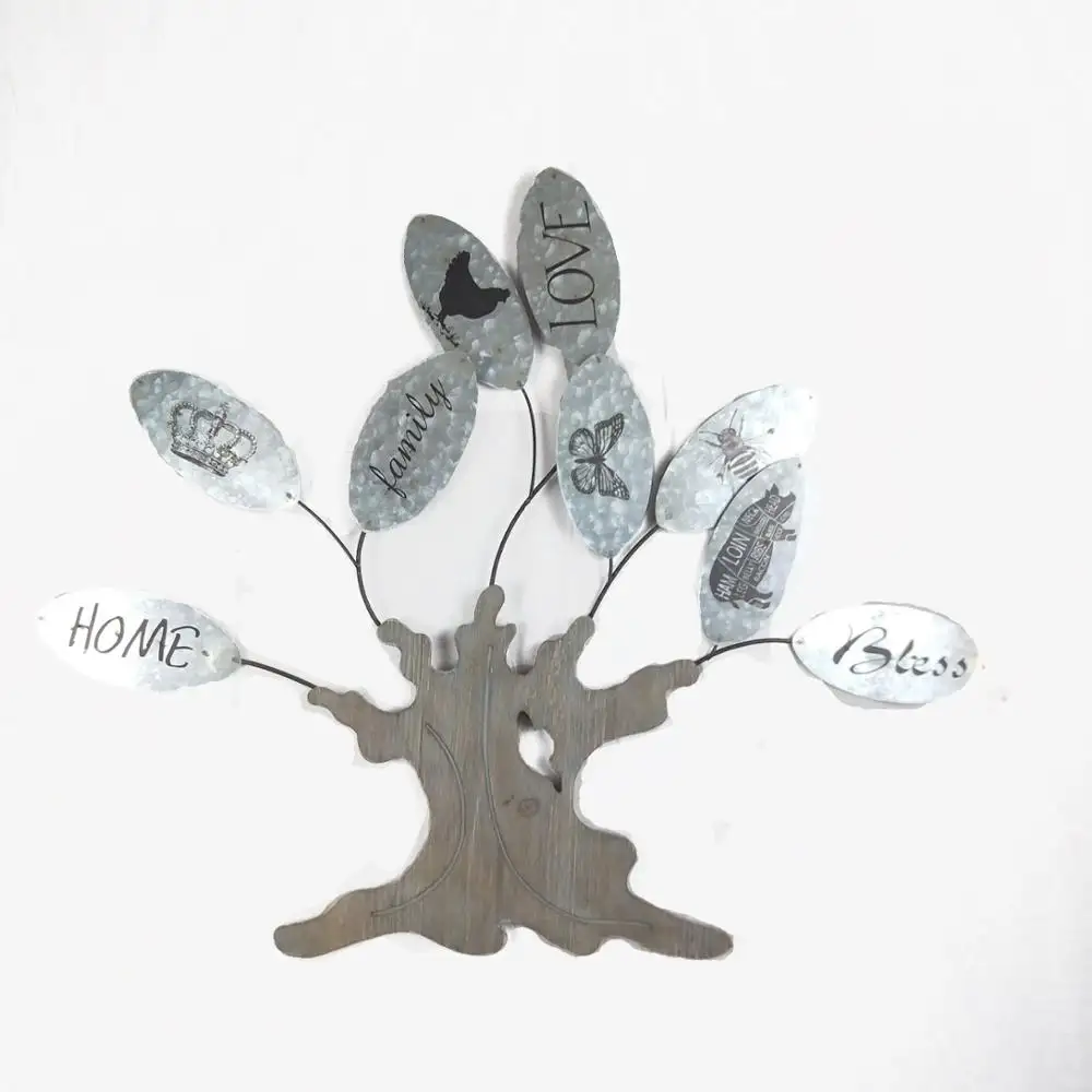 2022 cheap christmas tree Antique Printed Galvanized Letters Metal Tree of Life Wooden Wall Art