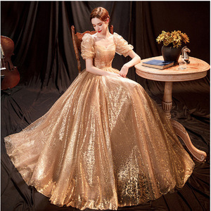 Gold Ball Gown Sweetheart Neckline Empire Waist Puff Sleeve Vintage Evening Dress For Bridal Photoshoots And Performances - Product Image 4