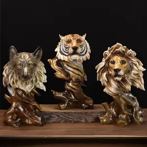 Resin Animal Lion Tiger Deer Wolf Horse Eagle Head Statue Desktop Home Decor Decorative Ornaments