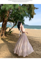 Robe longue licou pour femme en mousseline brodée florale, col en V, fluide, idéale pour les vacances d'été à la plage