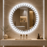 Miroir LED rond à motif laser, interrupteur tactile, 3 couleurs de lumière, design moderne, anti-buée, luminaire mural pour salle de bain, pour la décoration