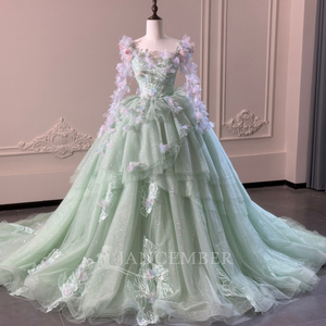 XS293 Glitter Mint Green <b>Ruffle</b> Evening Ball Gown <b>Dresses</b> With Sleeve - Product Image 1