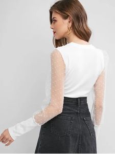 Tute con maniche in rete a punto KY Dot camicette bianche da donna top moda coreana a coste Swiss Lady Full Casual servizio OEM 100% poliestere - Product Image 2