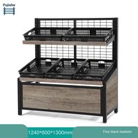 Zware metalen ijzeren 2-laags displayrek voor groenten en fruit met 5 plastic kratten voor supermarkt en kruidenierswinkel