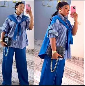 热卖夏季休闲条纹印花衬衫套装<span class=keywords><strong>2</strong></span>件套女式长袖上衣衬衫 - Product Image 3