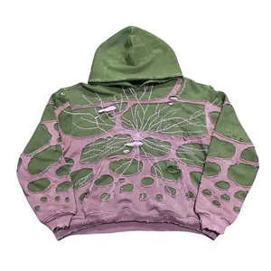 ผู้ผลิตเสื้อฮู้ดดี้ผ้าฝ้ายหนาน้ำหนักมาก 100% ตกแต่งด้วยการปักลายแบบคัทเอาท์ สไตล์สตรีทแวร์สำหรับผู้ชาย แต่งลายปะติดแบบดิสเทรส - Product Image 2