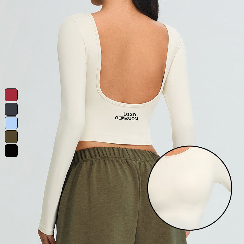 Women's Seamless Sports Leotard Yoga Wear Backless Long Sleeve Fitness Jogging T-shirt Breathable Printed Tee