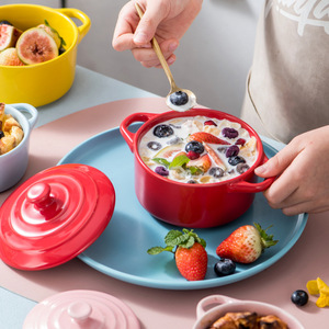 Ceramic Double-Eared Stewing Pot With Lid Oven Safe For Home Use Steaming Eggs Stewing Bird's Nest Desserts Baking <b>Microwave</b> - Product Image 2
