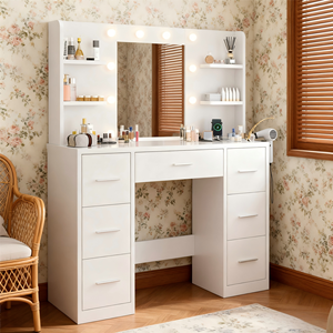 Moderna Toeletta in Legno Massello con Cassetto e Specchio per <span class=keywords><strong>Trucco</strong></span>, Arredamento per Camera da Letto e Soggiorno - Product Image 1