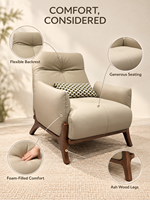 Fauteuil moderne en cuir microfibre durable avec structure en bois et pieds en bois de frêne, fauteuil pivotant pour salon ou hôtel