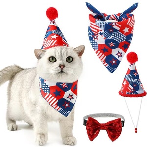 Pet Bandana Set With Bow Tie Hat <b>Red</b> White Blue Stars Pattern Adjustable For Dogs Cats All Seasons Accessory - Product Image 1