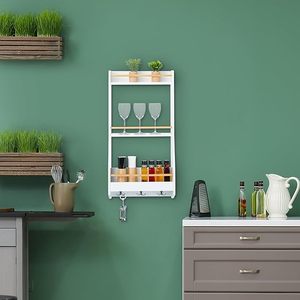 Étagère de rangement murale en bois à 3 niveaux avec protection de clôture et crochets pour organisateur de <span class=keywords><strong>cuisine</strong></span> et de salle de bain - Product Image 3