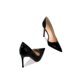 Escarpins de bureau pour femmes de haute qualité, noirs, à bout pointu, talons aiguilles de 8 cm, semelles rouges, découpes latérales, sexy et tendance, collection printemps - Product Image 3