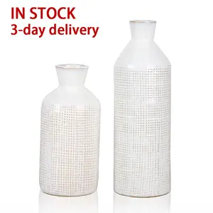 EAGLEGIFTS In Stock Home Decor Rustic Plaid Design White Pottery Vase Farmhouse Style Set of 2 Ceramic Vases