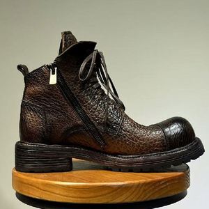 Bottes décontractées montantes faites à la main en cuir de vachette vieilli à motif bison, à lacets, antidérapantes, à semelle épaisse et rehaussée, pour l'extérieur, automne/hiver - Product Image 4
