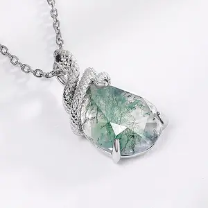 Snake Shape Green Moss Agate Gemstone Pendant In 925 Sterling Silver