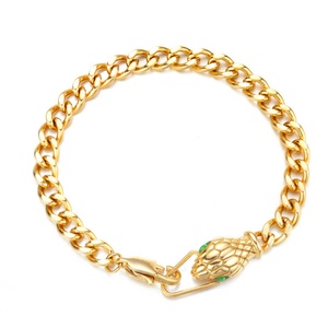 Pulsera de Cadena Cubana de Acero Inoxidable Chapada en Oro de 18k con Cabeza de Serpiente y Cristal de Piedra Verde Esmeralda al por Mayor - Product Image 1