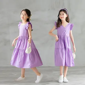 Summer Girls Princess Dress New Purple Reversible Korean Style Ruffled Flying Sleeves Tenn Girls Casual Dresses Wholesale