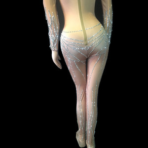 Costume da <span class=keywords><strong>donna</strong></span> <span class=keywords><strong>Sexy</strong></span> Stretch Skinny Nude strass tuta intera Club Showgirl ballerina tuta corta abiti da palcoscenico - Product Image 4