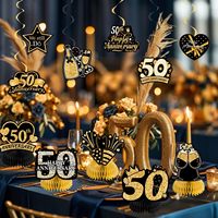 Kit de décorations pour le 50e anniversaire de mariage, fournitures de fête noires et dorées pour le 50e anniversaire, toile de fond, spirales suspendues, pompons