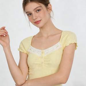 Sweet Girl <b>Lemon</b> Yellow Lace Trim Button Front T Shirt <b>Women</b> Cap Sleeve Slim Fit Cute Casual <b>Top</b> - Product Image 6