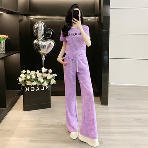 Ensemble décontracté pour femme, été 2025, nouvelle collection haut de gamme, <span class=keywords><strong>violet</strong></span> tie-dye, coupe ample, <span class=keywords><strong>pantalon</strong></span> large une pièce, ensemble deux pièces - Product Image 2