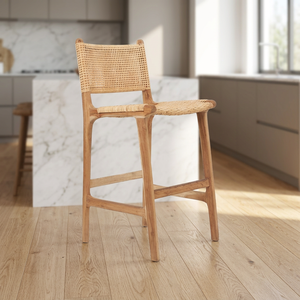 Elegant Modern Design Home Bar <b>Stool</b> Natural Rattan High Bar Chair Solid Teak Wood Woven Wicker for Living Room <b>Dining</b> Hotel - Product Image 2