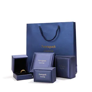 Hot Sell Custom Logo Blauwe Sieraden Doos Pu Lederen Verpakking Luxe Sieraden Verpakking Ring Dozen Display Sieraden