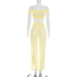Viviblook Y26ST178 Ensemble d'été pour femme Nouveau sexy ensemble trois pièces : crop top bustier, string et robe longue fendue en maille transparente - Product Image 4