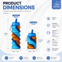 Bouteille d'eau pliable en silicone avec logo personnalisé, portable, anti-fuite, télescopique, pour le sport, gobelet de voyage pliable avec mousqueton