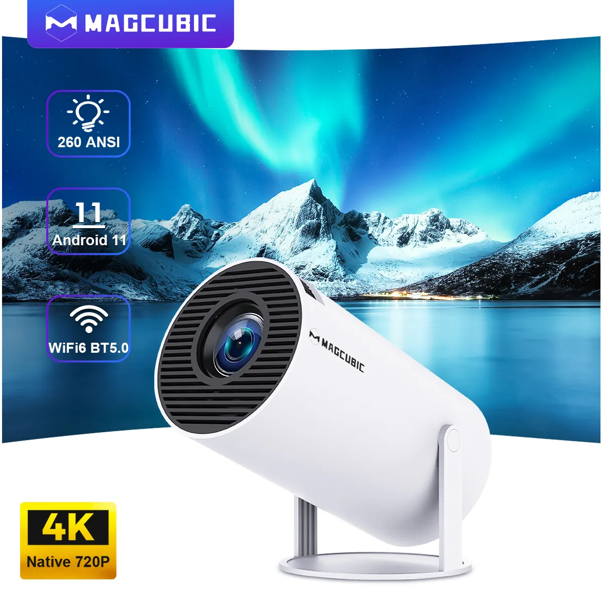 Proyector Magcubic Android 11 4K Dual Wifi para cine en casa portátil al aire libre Wifi6 HY300 Pro Allwinner H713 260 ANSI BT5.0