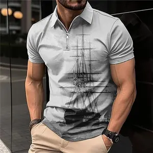 New Summer Herren 3D-gedruckte Herren Revers Reiß verschluss Polo Shirt Vintage Segelboot Kurzarmhemd Casual T-Shirt Streetwear Top