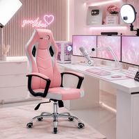Chaise de jeu Kawaii rose avec accoudoirs rembourrés, hauteur réglable de 10 cm, base chromée, chaise de bureau pour jeux vidéo et diffusion en direct