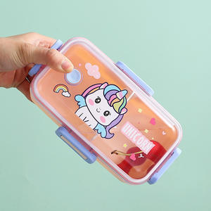 Kotak Makan Siang Anak Plastik Reusable Lucu Motif Kartun 2 Kompartemen untuk Anak Sekolah, Wadah Makanan yang Dapat Digunakan di Microwave dengan Tutup - Product Image 4